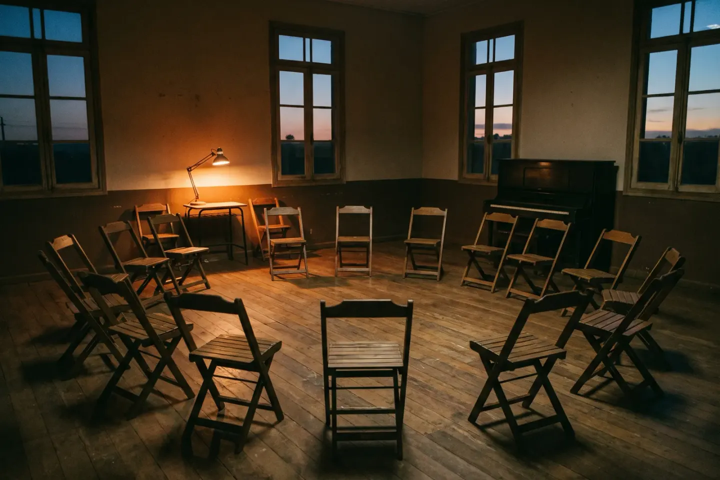 Salão comunitário vazio ao anoitecer, com cadeiras de madeira dispostas em círculo e um piano ao fundo.