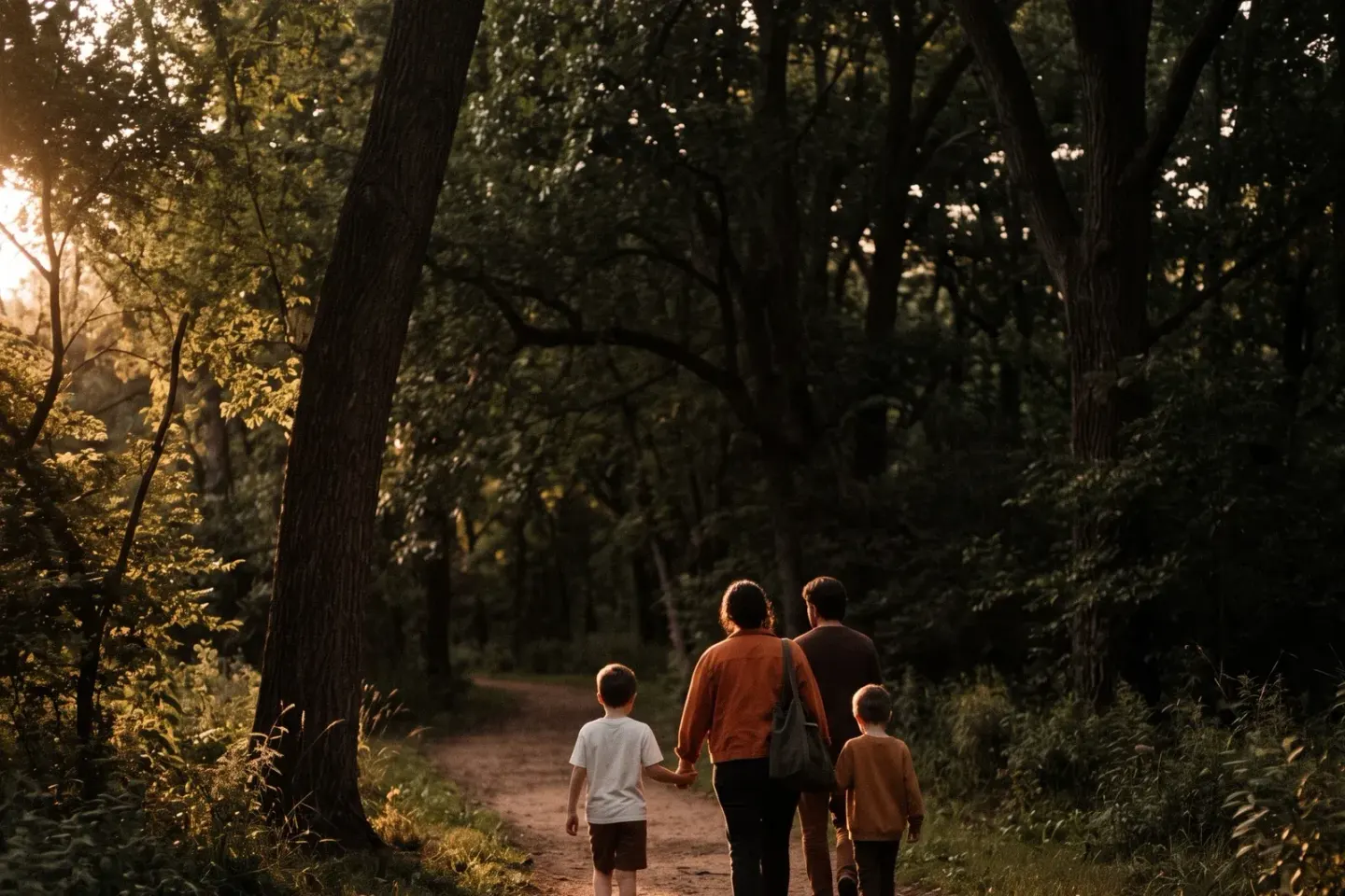 Uma família caminha por uma trilha de terra arborizada no fim da tarde.
