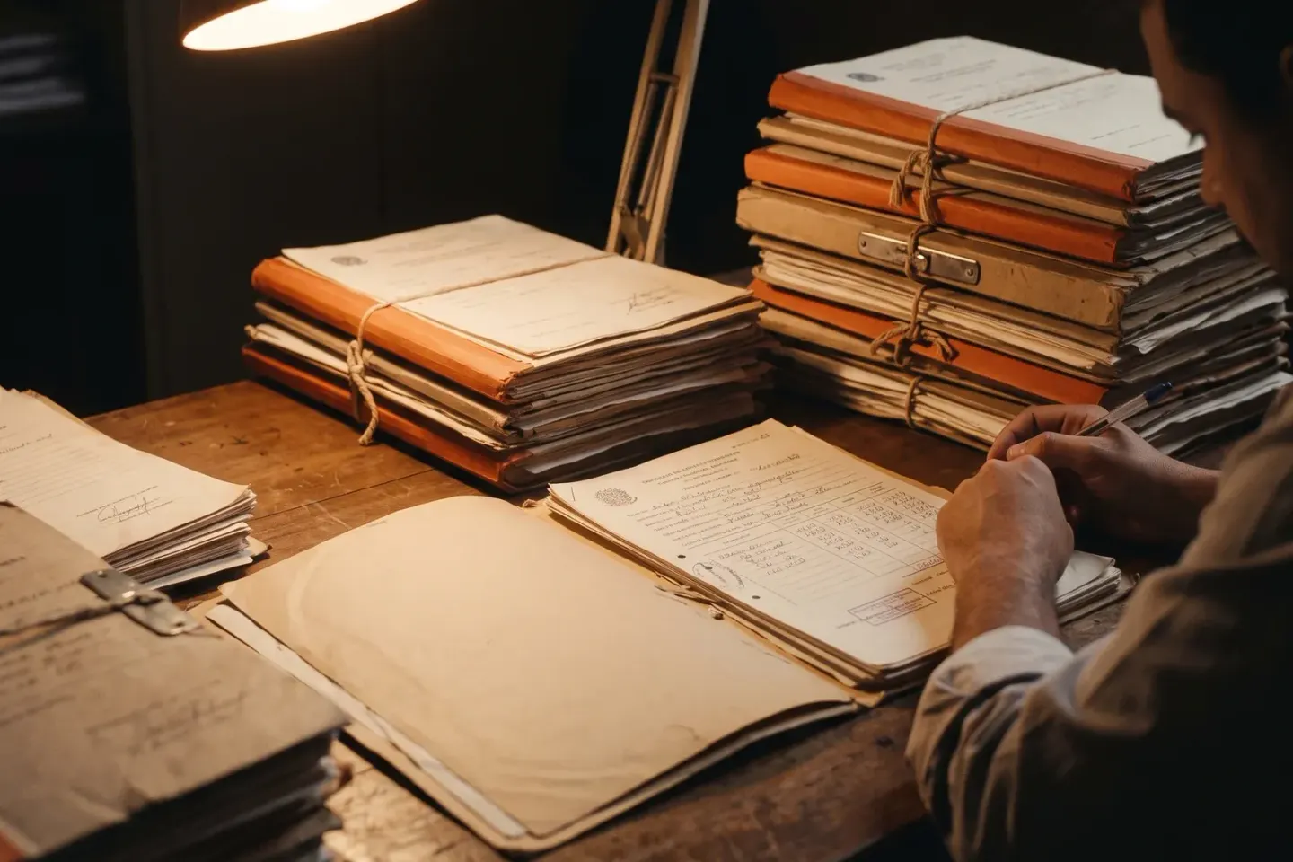 Pilhas de processos amarrados sobre uma mesa de madeira, sob a luz de uma luminária de escritório.