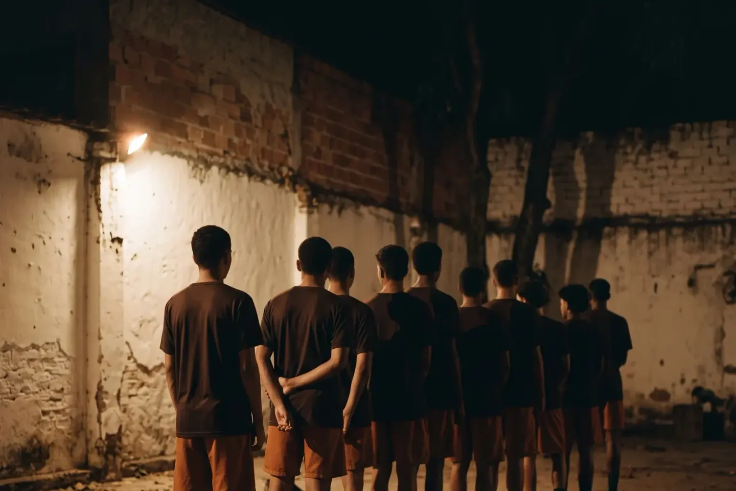 Adolescentes enfileirados num pátio à noite, vistos de costas.