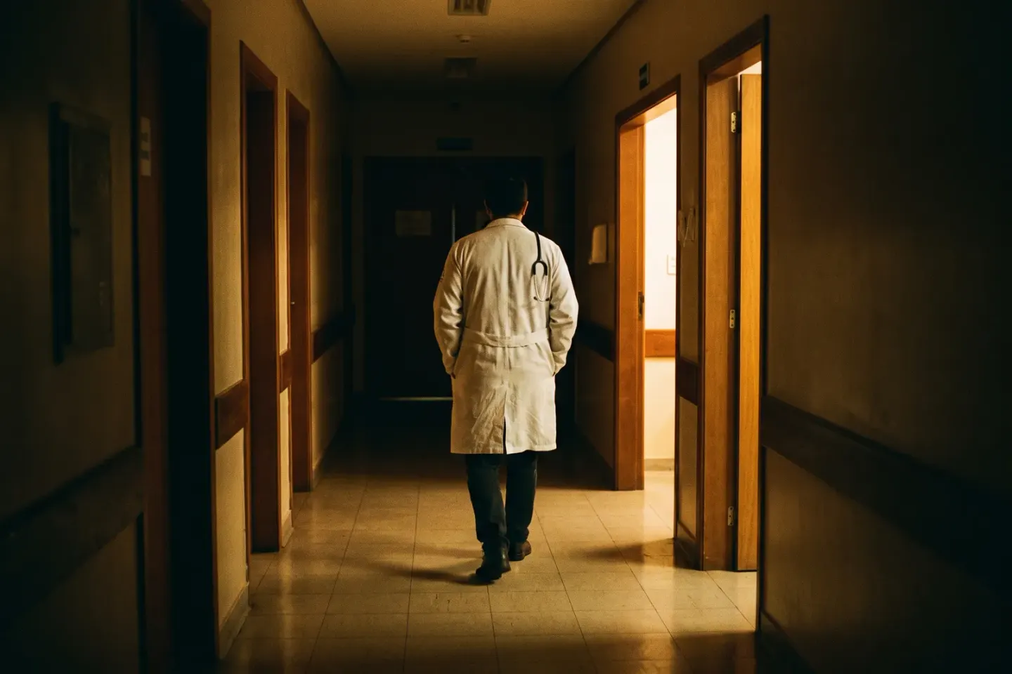 Médico de jaleco branco, visto de costas, caminha por um corredor de hospital à noite.